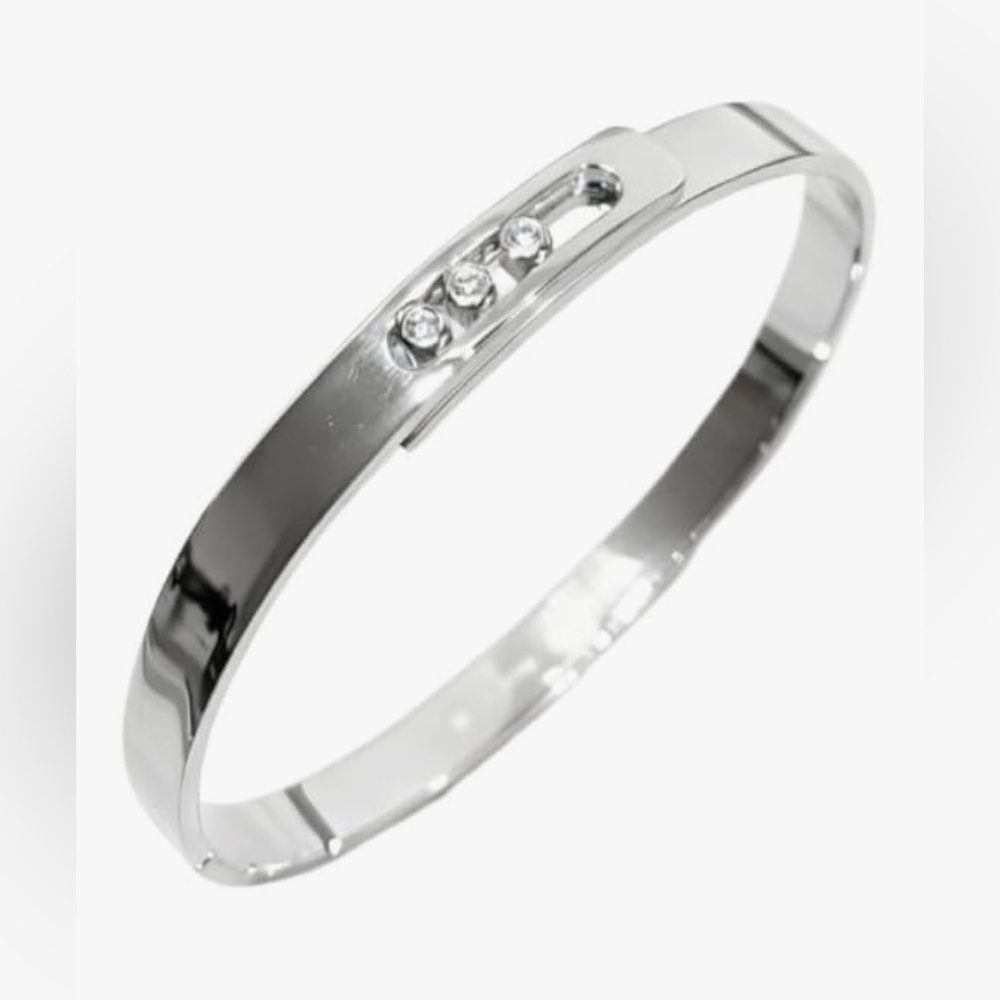 Silver Luxurious Minimal Gold-Plated Bangle | Three Crystal Sliding Bracelet